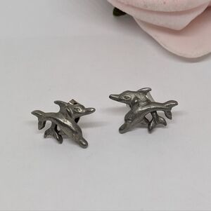 Small Double Dolphin Stud Earrings Pewter Finish